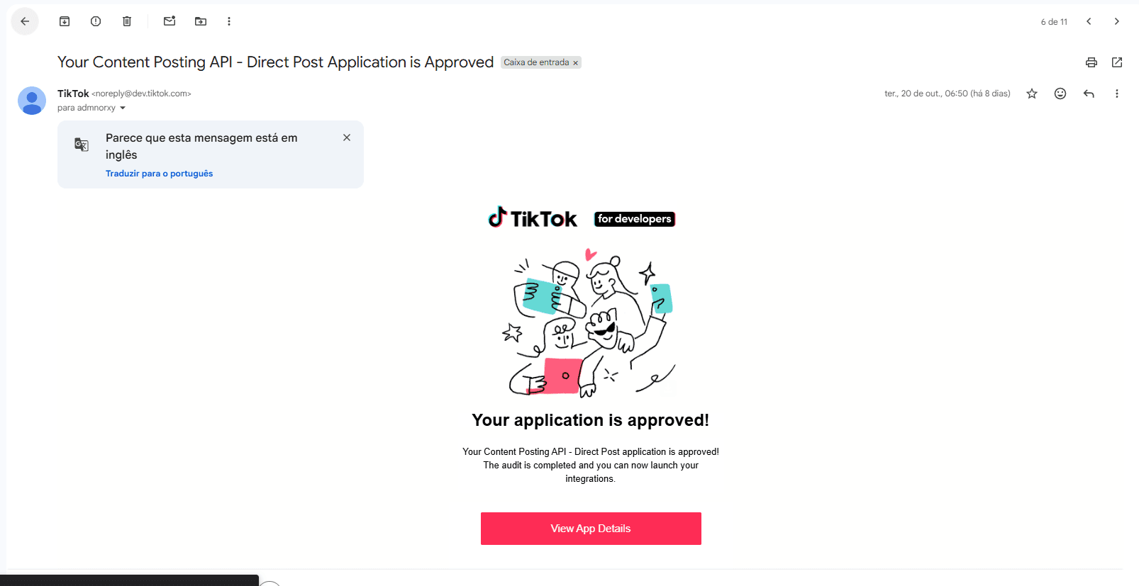 E-mail TikTok: Content Posting API do app 1 aprovada