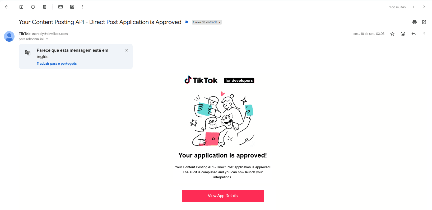 E-mail TikTok: Content Posting API do app 2 aprovada