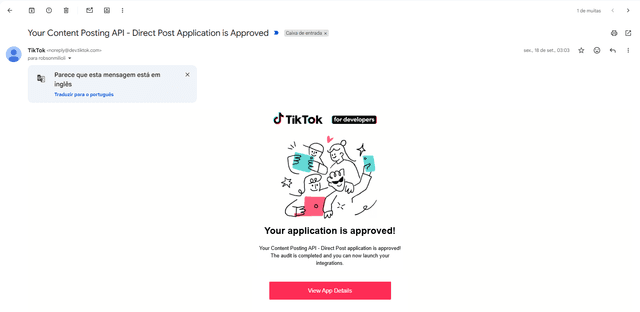 E-mail TikTok: Content Posting API do app 2 aprovada
